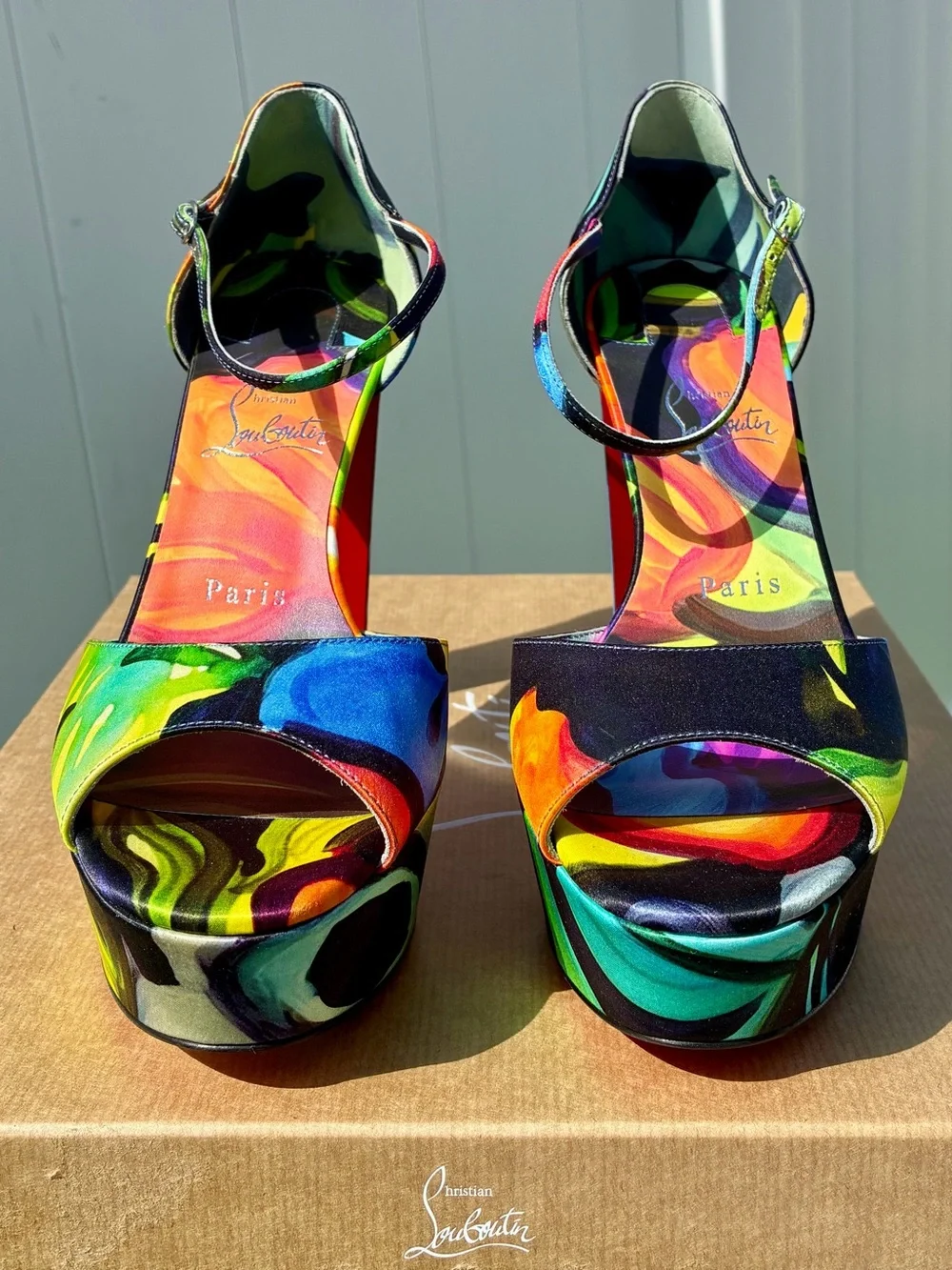 CHRISTIAN LOUBOUTIN SANDALOO BLACK MULTICOLOR SATIN LEATHER PLATFORM SANDAL SZ39